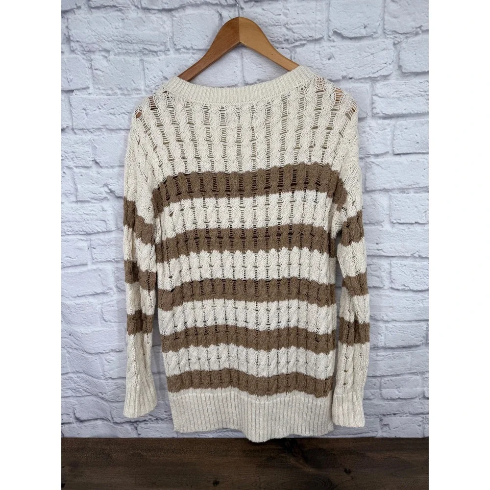Pilcro Anthropologie Womens XXS Striped‎ Cable Open Knit Pullover Sweater Brown